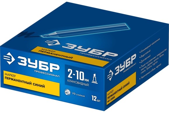 Маркер перманентный синий, клиновидный 2-10мм, МП-1000К, ЗУБР Маркер перманентный синий, клиновидный 2-10мм, МП-1000К, ЗУБР