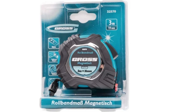 Рулетка 3м х 16мм, белая лента, магнитный зацеп, обрезиненный пластик, GROSS