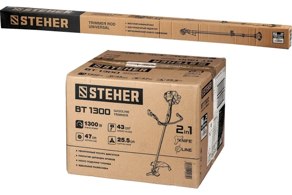 Триммер(2Т) бензин. STEHER BT-1300, 1.3кВт/1.7л.с, 43см?, диск+леска, неразборная штанга Триммер(2Т) бензин. STEHER BT-1300, 1.3кВт/1.7л.с, 43см?, диск+леска, неразборная штанга