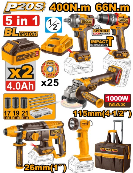 Набор Шурупо+Гайковёрт+Перфорат+УШМ+Фонарь аккум+набор.CKLI2059 ,20В*4 А/ч*2шт,+кейс сумка