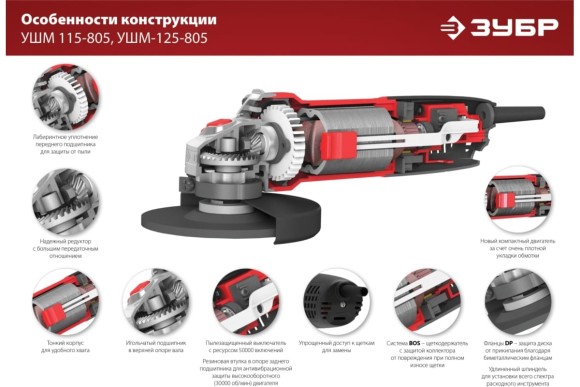 Шлифмашина угловая ЗУБР УШМ-125-805, 800Вт, 125мм, 11000об/мин, Мастер, в коробке Шлифмашина угловая ЗУБР УШМ-125-805, 800Вт, 125мм, 11000об/мин, Мастер, в коробке