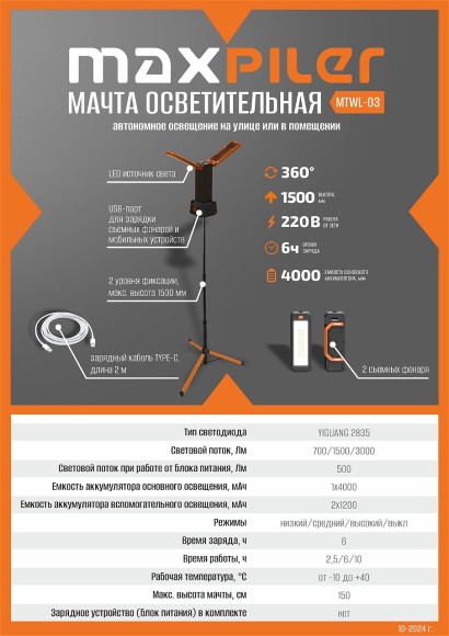 Мачта осветительная аккум. MAXPILER MTWL-03 (700/1500/3000 Лм, АКБ 4Ач, 3 свет.модуля, 2.5-10ч)