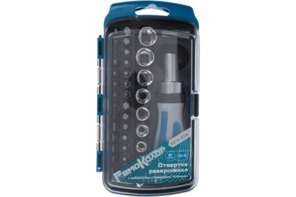 Отвертка реверсивная с набором бит и торцевыми головками, 41 пр, (уп.)