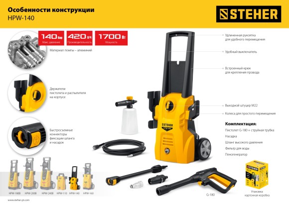 Мойка высокого давления HPW-140,1700Вт,90-140бар,420л/ч, STEHER Мойка высокого давления HPW-140,1700Вт,90-140бар,420л/ч, STEHER