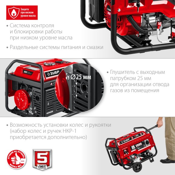 Генератор бензиновый ЗУБР СБ-2800Е(эл.стартер), 2,5/2,8кВт, 220В, 1,8л/ч,бак 15л