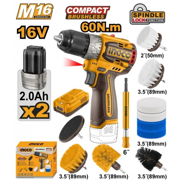 Шуруповерт аккум+набор щёток.INGCO COSLI240786, 16В*2,0А/ч*2шт,60Н/м,0-550/0-2000о/мин,коробка