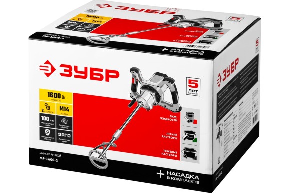 Миксер строительный ЗУБР МР-1600-2, 1600Вт, 100Н*м, 0-380/0-660об/мин, патрон М14 Миксер строительный ЗУБР МР-1600-2, 1600Вт, 100Н*м, 0-380/0-660об/мин, патрон М14