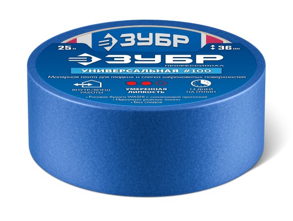 Лента малярная 36мм х 25м(синяя №100), для гладких и слегка шероховатых поверхностей, ЗУБР Лента малярная 36мм х 25м(синяя №100), для гладких и слегка шероховатых поверхностей, ЗУБР