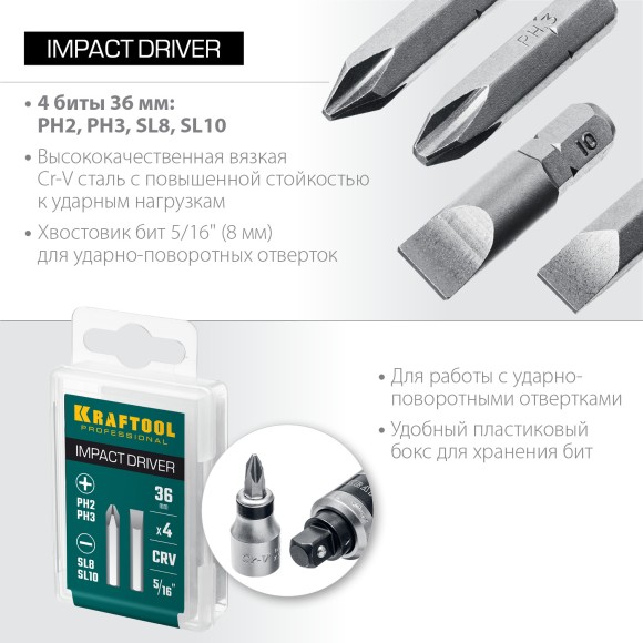 Набор бит 4пр.36мм для ударно-поворотной отвёртки KRAFTOOL