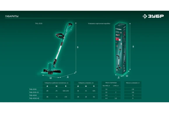 Триммер аккум.(LMS) ЗУБР ТАБ-4043-42, 40В(2*20В), АКБ 2-шт (4А*ч),леска2,4*430мм,диск 255*25,4мм