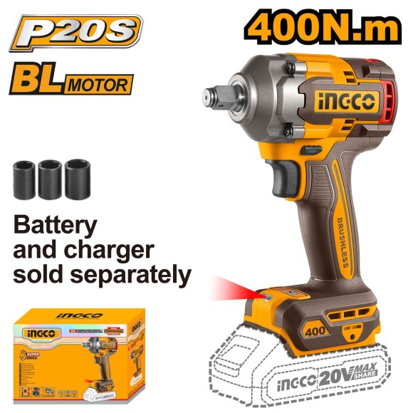 Гайковерт аккумуляторный INGCO CIWLI20401, 400Н/м,20В Li-ion-0шт,0-1600/1900/2300/0о/мин,БЕЗ АККУМ.