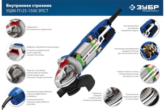 Шлифмашина угловая ЗУБР УШМ-П125-1500 ЭПСТ, 1500Вт, 125мм, 3000-9500об/мин, Профи, в коробке Шлифмашина угловая ЗУБР УШМ-П125-1500 ЭПСТ, 1500Вт, 125мм, 3000-9500об/мин, Профи, в коробке