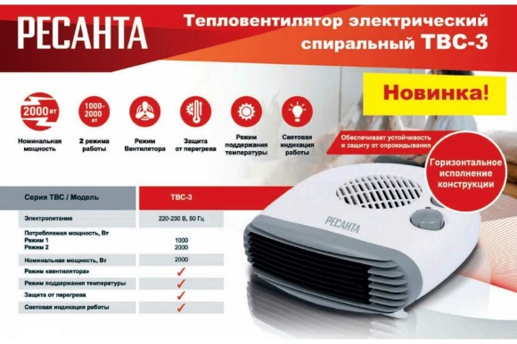 Тепловентилятор ТВС-3,2000Вт,25м.кв.,Ресанта Тепловентилятор ТВС-3,2000Вт,25м.кв.,Ресанта