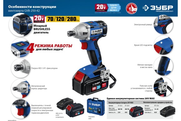 Винтовёрт(BL) ЗУБР GVB-250-42, 20В, 280Н*м, 1/4HEX, 2400об/мин, АКБ 2-шт (4А*ч), в кейсе Винтовёрт(BL) ЗУБР GVB-250-42, 20В, 280Н*м, 1/4HEX, 2400об/мин, АКБ 2-шт (4А*ч), в кейсе