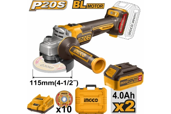 Шлифмашина(BL) угловая аккумуляторная INGCO CAGLI211542, 20В,115мм, АКБ 2-шт (4А*ч), 3/6/9тыс.об/мин