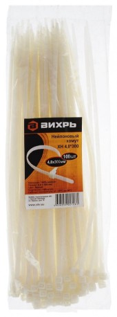 Хомут нейлон 300*4,8мм Вихрь 100 шт.бел Хомут нейлон 300*4,8мм Вихрь 100 шт.бел