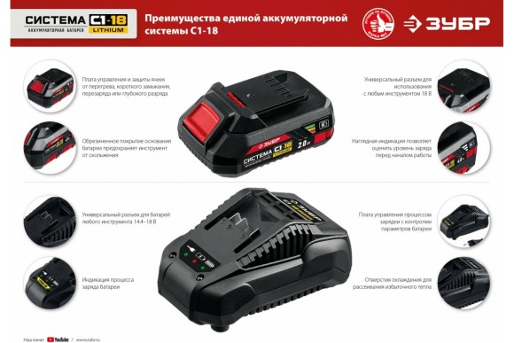 Аккумулятор ЗУБР, АКБ-С1-18-2, 18ВLi-ion,2.0А/ч