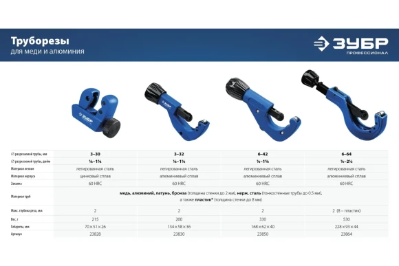 Труборез для меди и алюминия,6-42мм роликовый ЗУБР 
