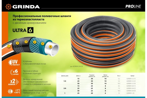 Шланг поливочный Proline ultra 1/2, 50м,30атм,6-ти слойный GRINDA Шланг поливочный Proline ultra 1/2, 50м,30атм,6-ти слойный GRINDA