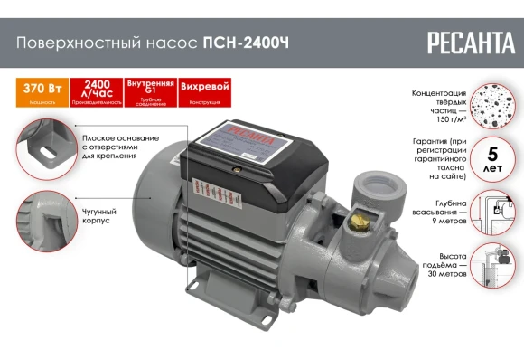 Насос поверхностный Ресанта ПСН-2400Ч,370Вт,40л/мин,Н-30м,h-9м, 77/4/2 Насос поверхностный Ресанта ПСН-2400Ч,370Вт,40л/мин,Н-30м,h-9м, 77/4/2