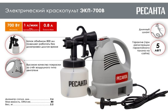 Краскопульт электрический Ресанта ЭКП-700  700Вт,2,6мм, 1,0л/мин