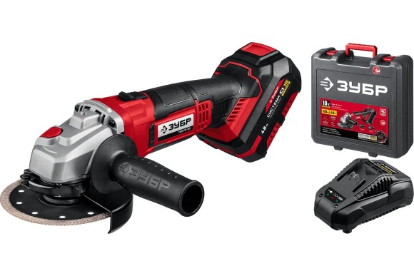 Шлифмашина угловая аккум. ЗУБР УШМ-18-125-41, 18В, 125мм, 10000об/мин, АКБ 1-шт (4А*ч), в кейсе Шлифмашина угловая аккум. ЗУБР УШМ-18-125-41, 18В, 125мм, 10000об/мин, АКБ 1-шт (4А*ч), в кейсе