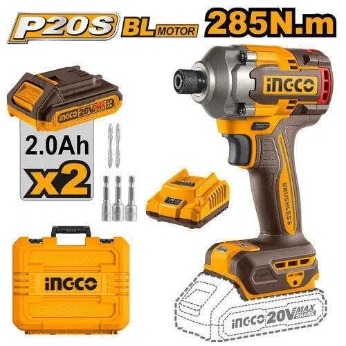 Шуруповерт аккум.импульсный INGCO CIRLI2028, 20В*2,0А /ч*2шт,285Н/м,0-1300/1900/2900 о/м,кейс