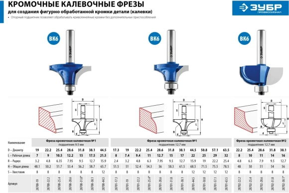 Фреза кромочная, калёвочная с подшипником 50,2*22,2мм подшип.9,5 мм.хвостовик 8мм ЗУБР,28700-22.2 Фреза кромочная, калёвочная с подшипником 50,2*22,2мм подшип.9,5 мм.хвостовик 8мм ЗУБР,28700-22.2