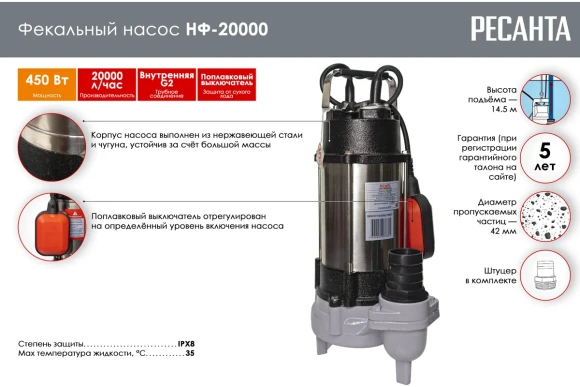 Насос фекальный Ресанта Ресанта НФ-20000,450Вт,330л/мин,Н-14,5м,h-9м, 77/5/2 Насос фекальный Ресанта Ресанта НФ-20000,450Вт,330л/мин,Н-14,5м,h-9м, 77/5/2