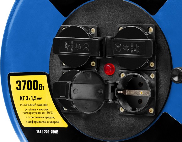 Удлинитель КГ 315 30м на катушке 4 роз.3,7кВт(16А),КГ 3*1,5мм, ЗУБР Удлинитель КГ 315 30м на катушке 4 роз.3,7кВт(16А),КГ 3*1,5мм, ЗУБР