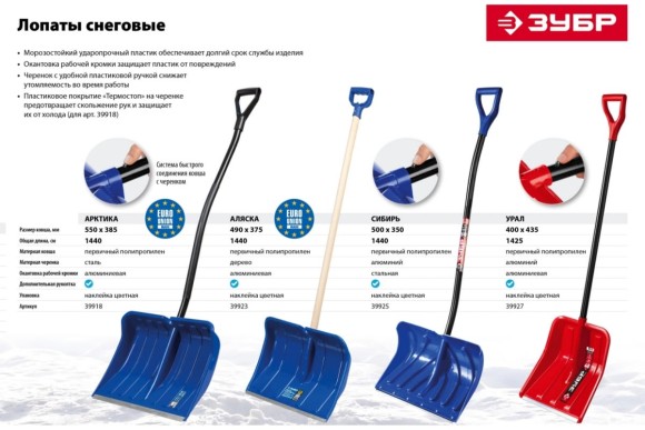 Лопата снеговая пластик.алюмин.черенок  Урал 400мм ЗУБР