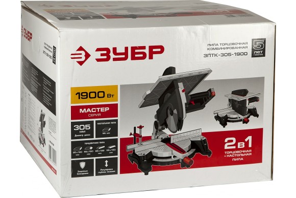 Пила торцовочная комбинир. ЗУБР ЗПТК-305-1900, 1900Вт, 305*30мм, 90° 180/85мм, 45° 150/55мм Пила торцовочная комбинир. ЗУБР ЗПТК-305-1900, 1900Вт, 305*30мм, 90° 180/85мм, 45° 150/55мм