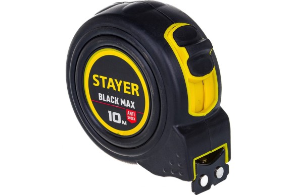 Рулетка 10м х 25мм, жёлтая лента, обрезиненный корпус, магнитный зацеп, BlackMax STAYER Рулетка 10м х 25мм, жёлтая лента, обрезиненный корпус, магнитный зацеп, BlackMax STAYER